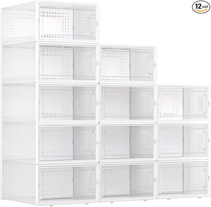 X-Large Plastic Clear Shoe Storage Boxes Stackable 12 Pack Fit Size 11, Shoe Rack & Holder Substitute, Sneaker Containers, Toy Storage Organizer for Entryway, Closet, Under Bed (White)