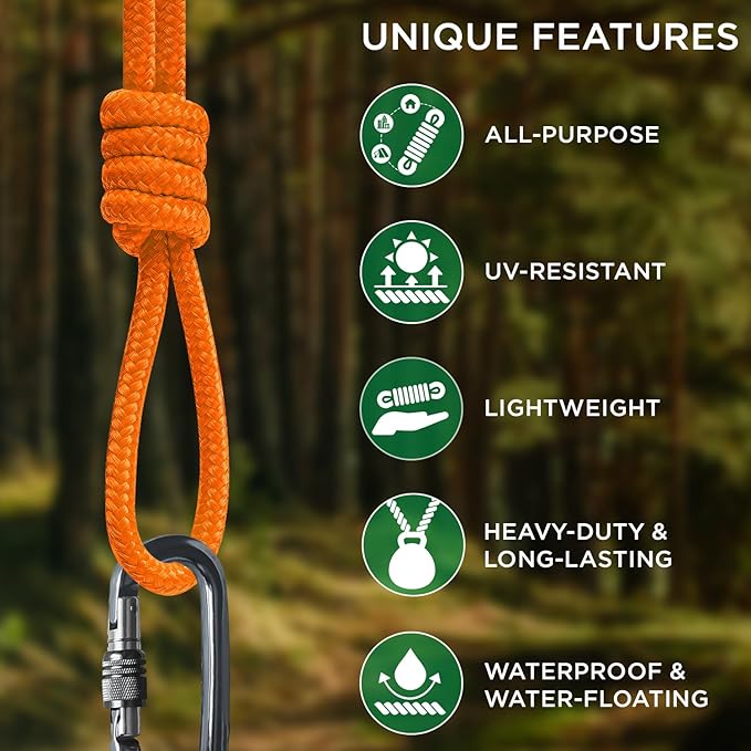 TECEUM Rope – 150 Feet x 1/4 Inch (7mm) – Orange Yellow – Strong All-Purpose Utility Rope – Camping, Crafting, Flag Pole, Indoor & Outdoor – Polypropylene Nylon Poly Lightweight Diamond Braided Cord
