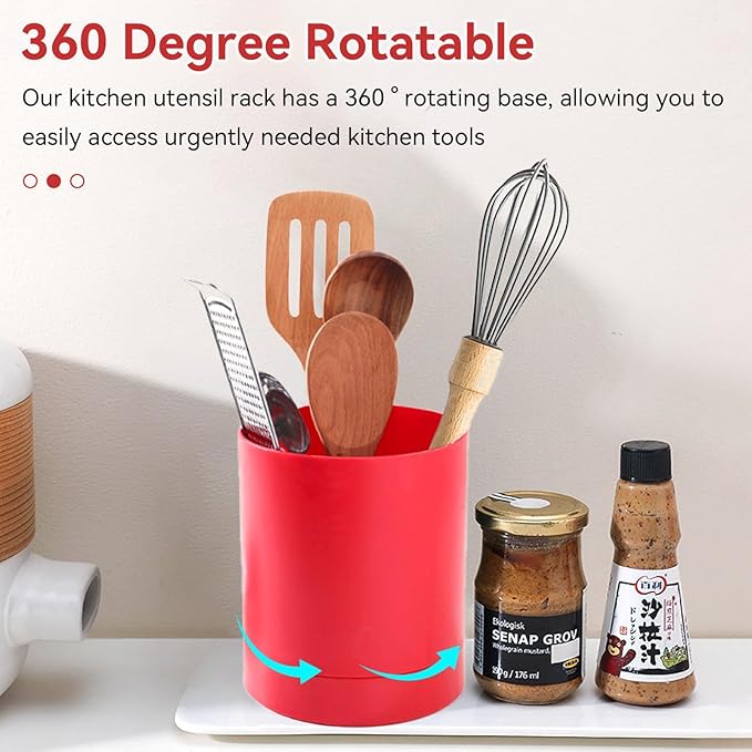 Cyrank Utensil Holder, 360° Rotating Utensil Holder for Kitchen Counter Flatware Caddy Cooking Silverware Storage Organizer for Spoon Spatula, 6.5x5.7 Inch (Red)