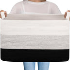 OIAHOMY Large Blanket Basket, 65L Cotton Rope Woven Laundry Basket, Toy Bin for Baby Room, Container for Blanket Storage in Living Room, 20''×16''×12'', Gradient Black