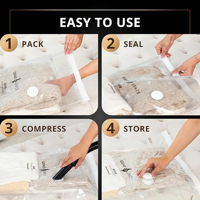 GENIE SPACE Vacuum Storage Bags for Clothes and Bedding – Variety 8-Pack (2 XL, 2 L, 2 M, 2 S), Airtight, Reusable and Odor-Proof Space Saver Bags with Double Zipper Seal and Hand Pump