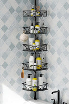 Skycarper 5 Tier Adjustable Corner Shower Caddy Organizer with Hooks,Rustproof Tension Pole 62-116 Inch, Black