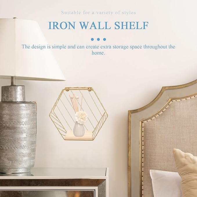Wall-Mounted Iron Storage Rack Punch-Free Decorative Hexagon Shelf Gold Finish with Hooks for Bathroom and Living Room Organization
