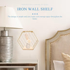 Wall-Mounted Iron Storage Rack Punch-Free Decorative Hexagon Shelf Gold Finish with Hooks for Bathroom and Living Room Organization