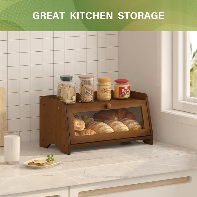 Vintage Bread Box for Kitchen Countertop, Large Bread Container Storage, Wooden Farmhouse Bread Box with Window Bread Holder (Brown)