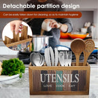 Wood Utensil Holder Practical Utensil Holder with 4 Compartments for Oil Bottle Spatula Cutter and Fork