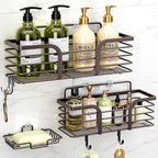 Yougai Shower Caddy, Shower Organizer with Soap Holder and Hooks, Rustproof Shower Shelves, No Drilling Bathroom Organizers and Storage, Wall-Mounted Kitchen & Home Decor (Brown)
