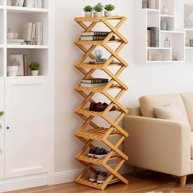 2/3/4/5/6/7/8/9 Tier Bamboo Folding Shoe Rack,2026 New Bamboo Foldable Shoe Rack,no Installation Required,Vertical Multi-Layered Organizer,Space-Saving for Entryways& Balconies (Primary Color, 6)