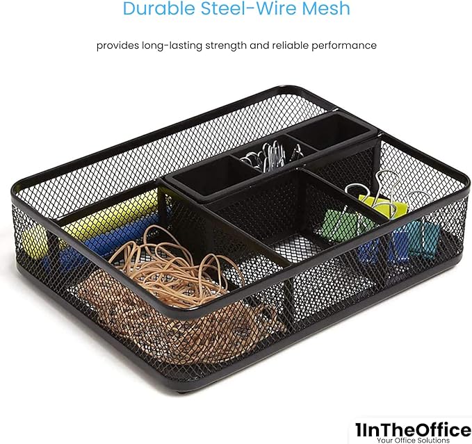 1InTheOffice Modern Minimalist Mesh Collection Desk Drawer Organizer, 7 Compartment, Matte Black