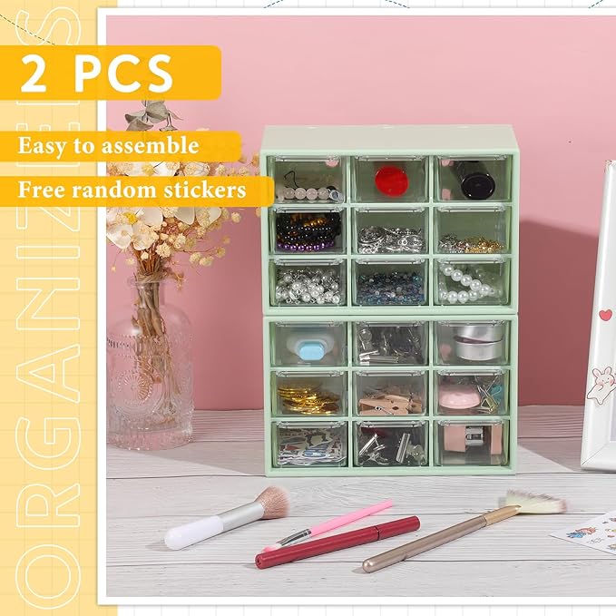 Wenqik 2 Pcs Mini Storage Drawers Teacher Toolbox Organizer with 9 Clear Drawers Small Plastic Desktop Teacher Desk Craft Organizer for Classroom Office 7" x 3. 9" x 4. 7"(Green)