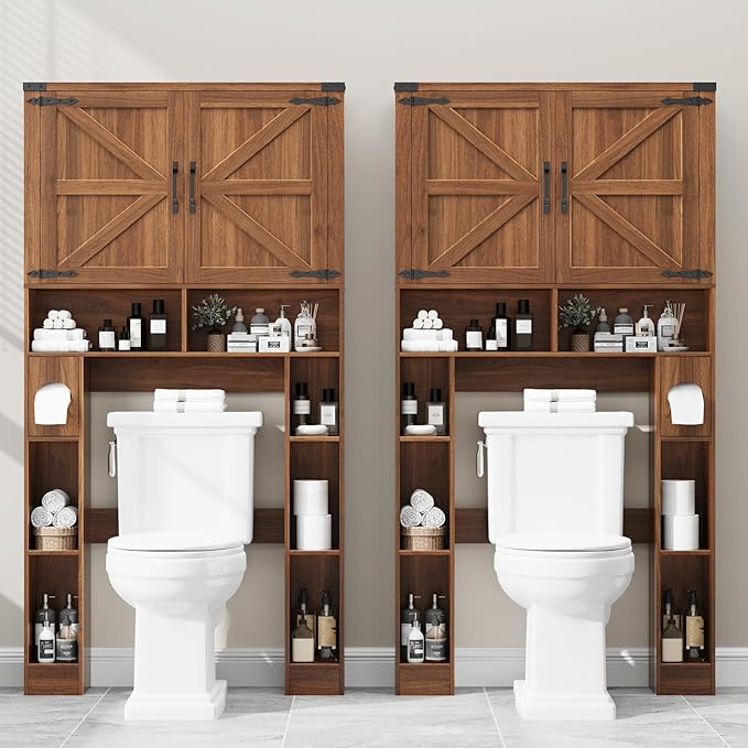 Vabches Over The Toilet Storage Cabinet, Farmhouse Storage Cabinet Over Toilet with 2 Barn Doors ，Toilet Paper Holder Stand，Home Space-Saving Toilet Rack, for Laundry, Restroom, Bathroom.Caramel.