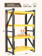 4-Tier Storage Shelves,79" H Heavy-Duty Garage Shelving Unit,Adjustable Industrial Metal Shelf System,4,000lbs Capacity,Tool Organizer for Garage,Workshop,48" W*24" D*79" H,Black&Yellow