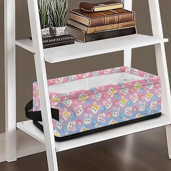 Narrow Storage Bins Multi-purpose Storage Baskets with Handles Bathroom Essentials Organizer Basket Fabric Vanity Tray for Office Supplies, Easter Egg Cute Bunny Rabbit Pink Blue Gradient