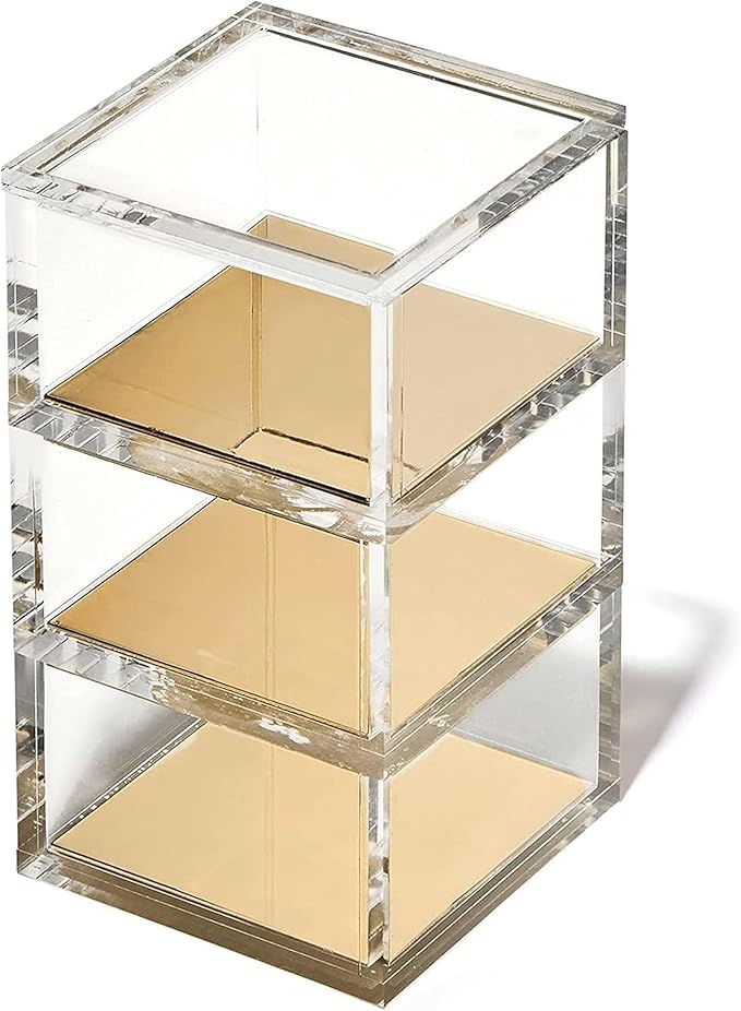 OfficeGoods 3-Tier Stackable Acrylic Holder- Stylish Desk Organizer and Storage for Office or Home – Transparent Square Design with Gold Metal Base