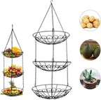 3-Tier Fruit Basket, Vegetable & Produce Storage, Rustic Brown Iron Hanging Kitchen Basket