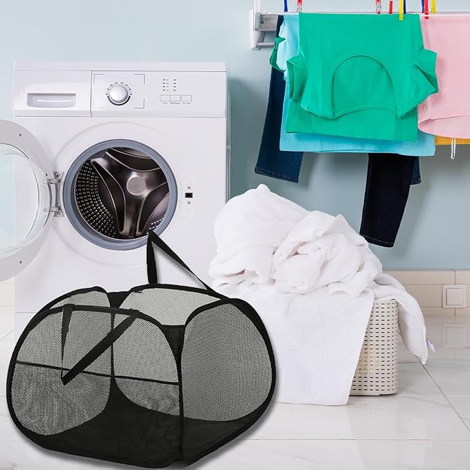 Kimmama Collapsible Mesh Laundry Basket,Foldable Pop Up Laundry Hamper with Side Pocket,Removable Clothes Storage Bin with Handle for Laundry Room,College Drom,Bathroom,Kid Room,Travel,95L,Black