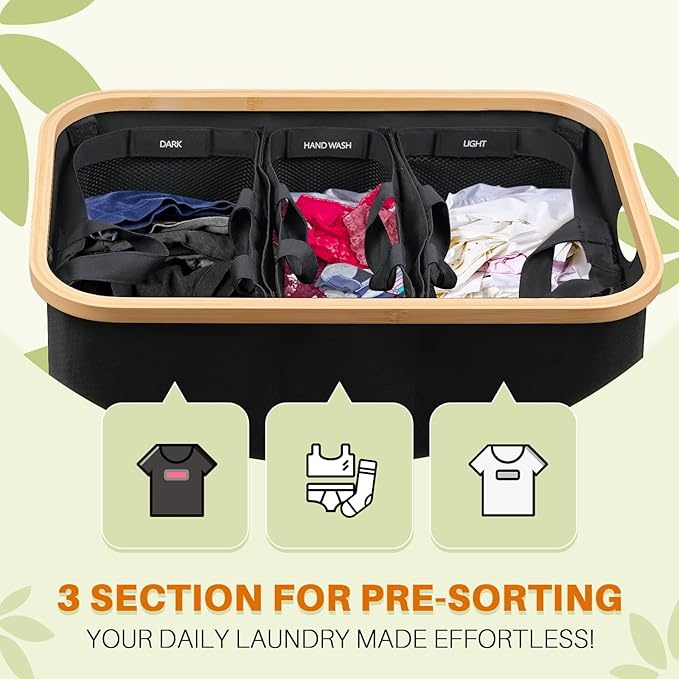 Laundry Hamper with Lid, 160L Dirty Clothes Hamper for Laundry Basket 3 Section, Extra Large Laundry Sorter Hamper 3 Compartment with Removable Inner Bags & Labels, Black