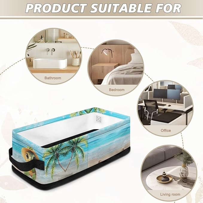 Toilet Paper Basket Multi-purpose Narrow Storage Bins Bathroom Essentials Storage Basket with Handles Collapsible Bin for Kitchen Office Indoor Decor, Beach Sea Turtle Coconut Palm Tree