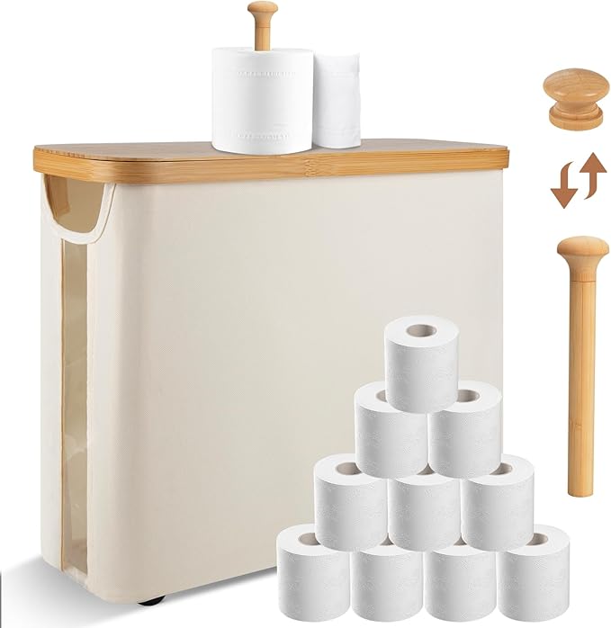 Anfly Bamboo Toilet Paper Storage Organizer with Lid - Holds 12 Mega Rolls, Countertop Bathroom Tissue Holder Cabinet, TP Storage Basket