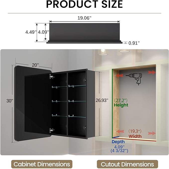 20x30 Inch Medicine Cabinet, Matte Black Aluminum Bathroom Mirror Cabinet with Storage, 6 Adjustable Glass Shelves, Rust Proof, Recessed or Surface Mount Wall Cabinet, Soft Close Hinges