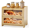 Large Bread Box for Kitchen Countertop, Double Layer Breadbox Bread Container Storage with Acrylic Door, Wooden Farmhouse Bread Holder (Bamboo, Large-16.54" L x 9.84" W x 14.96" H)