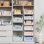 4 Pack Stackable Closet Storage Basket - Stackable Storage Bins, Multifunctional & Foldable Closet Organizer Divided, Wardrobe Cupboard Space-Saving Clothes Storage Hat Organizer, White