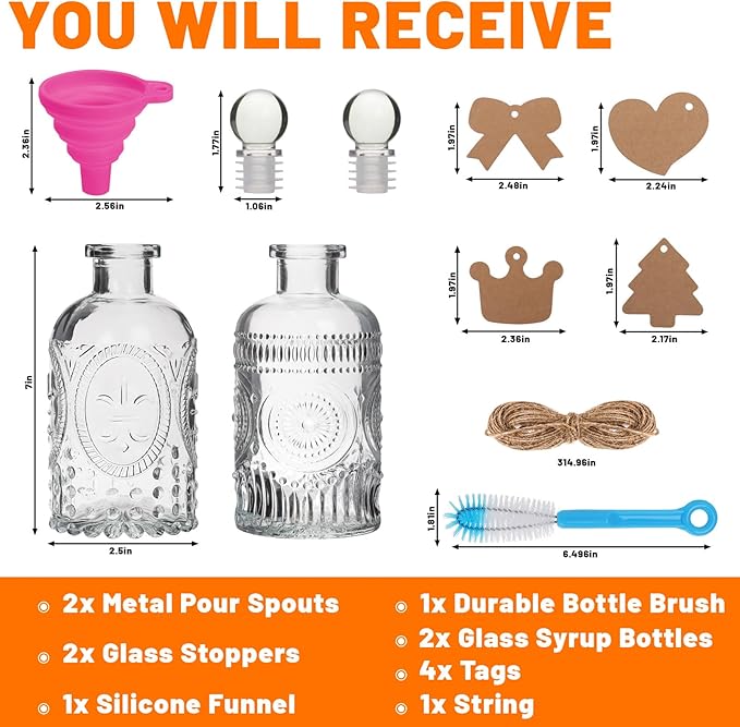 7oz Glass Coffee Syrup Dispenser, 2-Pack Complete Set with Funnel, Brush, Stoppers & Accessories - Syrup Bottles for Coffee Bar with Metal Pour Spout, Ideal for Maple,Oil, Vinegar,Cooking wine