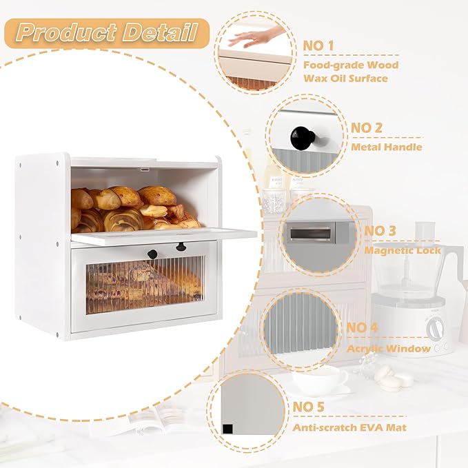 Double Layer Large Bread Box for Kitchen Counter, Wooden Corner Bread Storage Container with Acrylic Window, White
