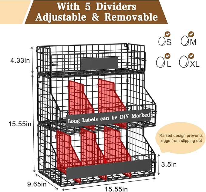 keomaisyto Egg Holder Countertop with 5 Dividers & DIY Nameplate to Separate Eggs, 3 Tier Stackable Wire Storage Baskets for Gathering Fresh Eggs, XXL Large Egg Rack, Wall-Mounted (Patent Pending)