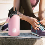 Insulated Water Bottle | Thickened Stainless Steel Vacuum Metal | Portable Sports Half Gallon Large Water Jug for Gym and Hiking with Straw, Carrier Bag, Handle Strap | BPA-Free 64 oz