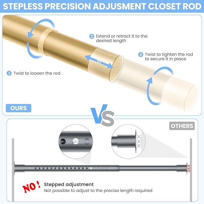 Closet Rods for Hanging Clothes, 17 to 39 Inch Heavy Duty Stepless Adjustable Closet Hanging Rod, 1.3 Inch Diameter Metal Closet Rod for Wardrobes Laundry Bedroom RV, Gold