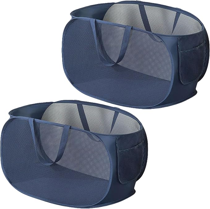 2 Piece Popup Mesh Laundry Basket Durable Handles Collapsible Laundry Baskets Folding Clothes Pastic Hamper for Laundry Room College Dorm (2 x Navy Blue)