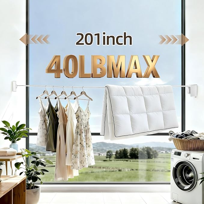 Anti-Sag Retractable Clothesline 40LB Capacity - 201in Stainless Steel Laundry Line for Indoor Outdoor, Wall Mounted Space Saving Easy Install (White)
