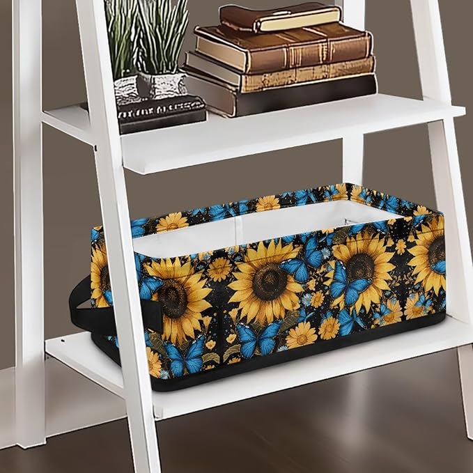Storage Basket Bins Multi-Functional Toilet Paper Baskets Rectangular Collapsible Organizer Living Room Organization for Small Items, Sunflower Blue Butterfly Black