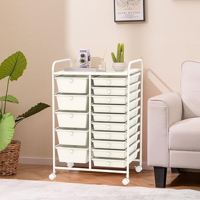 RELAX4LIFE 15-Drawer Storage Drawer Carts - Mobile Rolling Utility Cart w/Wheels, Craft Organizer for Classroom Organization and Storage, School, Office, Home, Storage Organizer Cart (White)