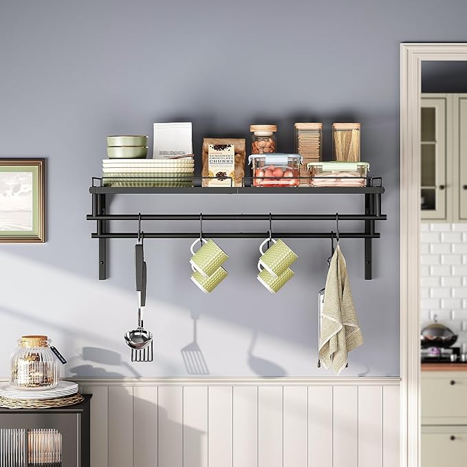 Hanging Pot Rack, Wall-Mounted Pot Rack, Kitchen Cookware Organizer, Metal Pot and pan Organizer Holder, for Cookware, Utensils Organization, Black TPR38BB