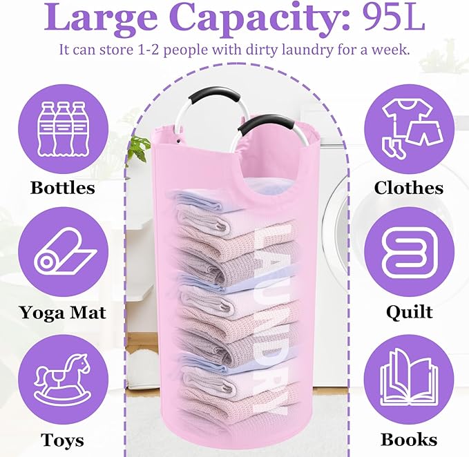 95L Large Laundry Basket with Handles, Foldable Clothes Hampers Stand Up Well, Waterproof Dirty Clothes Hamper, Rugged Laundry Basket for Flat, Dorm, Hotel, Pink