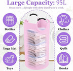 2Pcs Foldable Pink Laundry Basket for Family, 95L Portable Laundry Baskets with Aluminum Handles, Multi-functional Dirty Clothes Hampers for Dorm, Travel, Pink