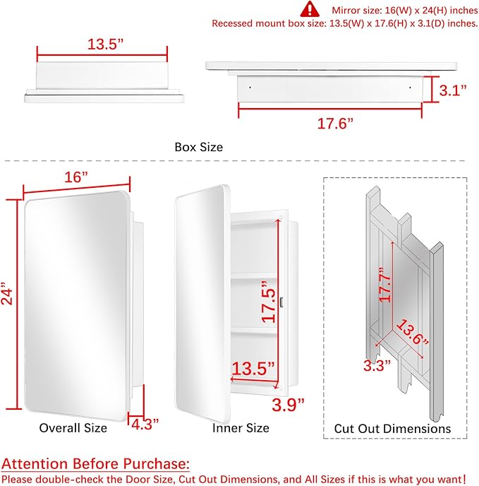 Fundin White Plastic Medicine Cabinet, Mirror Door with Round Corner Metal Frame, Recessed and Surface Mount Bathroom Wall Medicine Cabinet, 16 x 24 inch Mirror Size