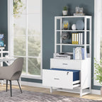 Tribesigns 2 Drawer Vertical File Cabinet with Lock & Bookshelf (Set of 2), Letter Size Large Modern Filing Cabinet Printer Stand with Open Storage Shelves for Home Office, White