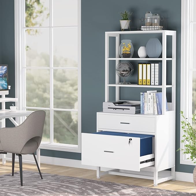 Tribesigns 2 Drawer Vertical File Cabinet with Lock & Bookshelf (Set of 2), Letter Size Large Modern Filing Cabinet Printer Stand with Open Storage Shelves for Home Office, White