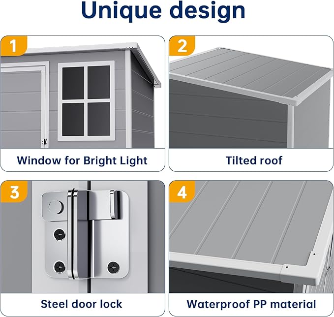 GARDENWORK 5×3 FT Outdoor Storage Shed,Plastic Garden Resin Shed with Lockable Door,Floor and Window,Outside Sheds for Patio, Lawn,Bike,Garbage can,Tools,Light Grey