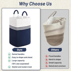 Laundry Basket Hamper,Blanket Storage,Dirty Clothes Hamper with Swivel Handles,Woven Cotton Rope Toy Baskets,Blanket Basket Living Room,Decorative Hampers for Nursery,Bedroom,White & Blue,60L