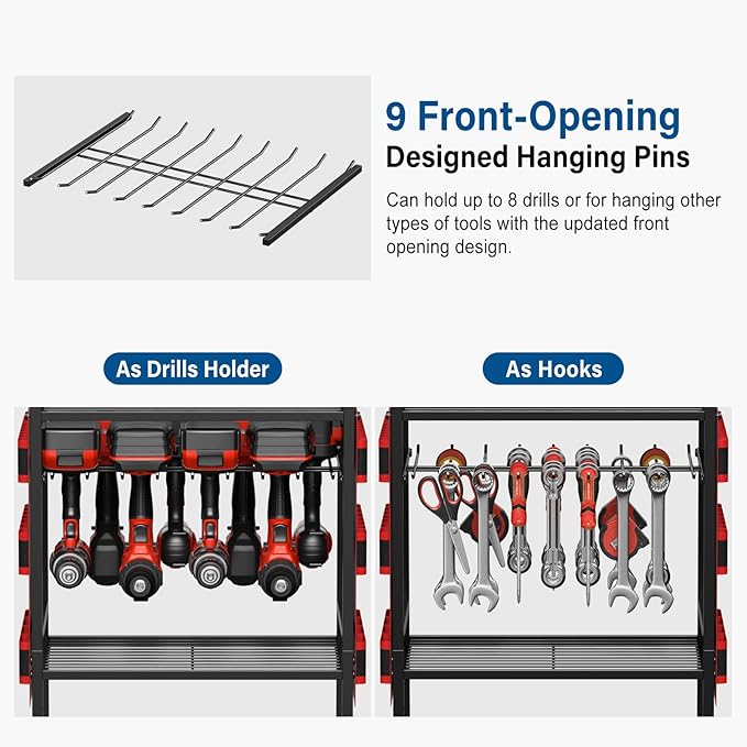 JUNNUJ Garage Large Power Tool Organizer Cart with 8 Outlet 3 USB Charging Station, Floor Rolling Drill and Tools Battery Storage Cart on Wheels, Heavy Duty Utility Rack Shelf with 10 FT Power Strip