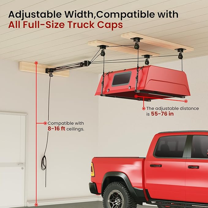 Truck Cap Hoist System for Garage Ceiling, Smart 4-Point Self-Leveling Garage Hoist with 8:1 Pulley Lift System, Easy One-Person Overhead Garage Storage Lift for Truck Topper Rack, 250 lb