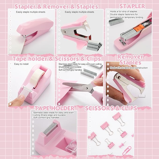 18 Pack Pink Office Supplies Desk Accessories for Women Desk Organizer Box Calculator Staple Remover Stapler Scissors Clips Mouse Pad Sticky Notes Index Notes Tape Dispenser Ruler Tap Pen