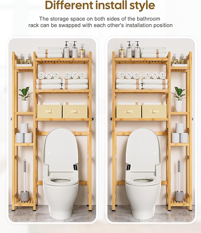 Homde Over The Toilet Storage with Basket and Drawer, Bamboo Bathroom Organizer with Adjustable Shelf & Waterproof Feet Pad, Space Saver Rack for Restroom, Laundry,Natural
