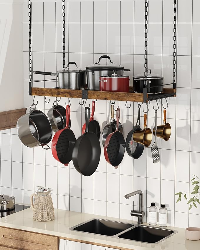 Hanging Pot Rack, 31.5x15.75 Inches Pot Hangers for Kitchen, Pan Hanging Rack with 15 S-Shaped Hooks, Vintage Ceiling Mounted Pan Holder for Cookware Storage, Rustic Brown and Black