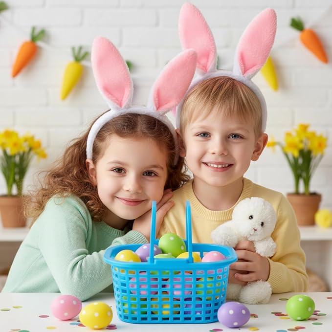 200 Pcs Easter Baskets Bulk Colorful Plastic Egg Baskets with Handle 6.7" x 5.11" x 3.5" Easter Buckets for Party Favors Egg Hunts Supplies Decorations, 7 Colors