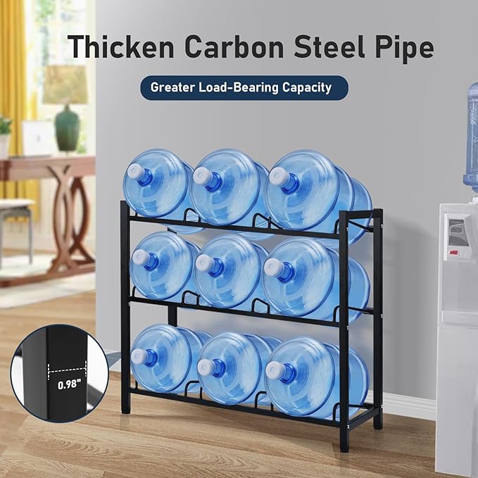 9-Tray Water Jug Rack, Storage 5 Gallon Water Cooler Bottle Holder Stand, 3-Tier Heavy Duty Carbon Steel 5 Gal Water Bottle Organizer for Home, Office, Kitchen, Warehouse, Black
